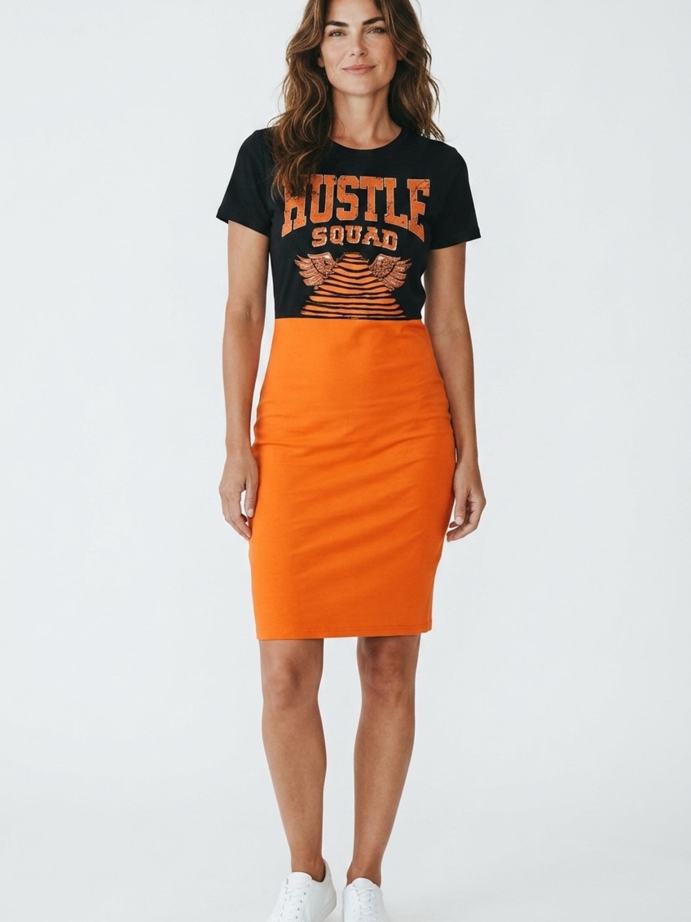 Hustle Squad Slashed Crop Top w/ Stretching Orange Strapless Tube Dress